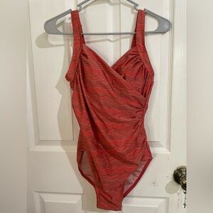 Emerald Bay Zig Zag One Piece Swimsuit in Red with Wrap Front and Ruching